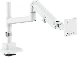 Bras de moniteur blanc à gaz avec serre-joint pour plateau, 57" / 27 kg, VESA 75x75 et 100x100