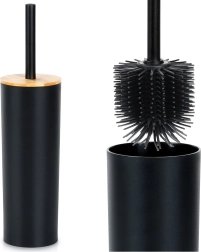 Brosse de toilette avec support, métal noir et bambou, 36,5 cm