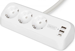 Multiprise de bureau avec serre-joint, 3 prises schuko, 2× usb‑a 12 w, 1× usb‑c 30 w, câble 1,5 m, blanc