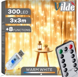 Rideau lumineux suspendu avec télécommande 300 LED 3 × 3 m, blanc chaud
