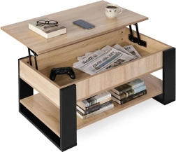Table basse avec plateau relevable 90 cm, espace de rangement et étagère, chêne Sonoma, ModernHome