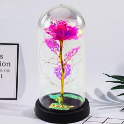 Rose cristalline sous cloche avec éclairage LED rose 21x11cm
