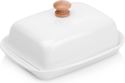 Beurrier en céramique blanc avec poignée en bois