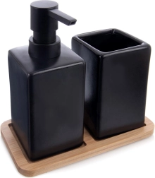 Ensemble de salle de bain en dolomite 3 pièces noir avec plateau en bambou Vilde