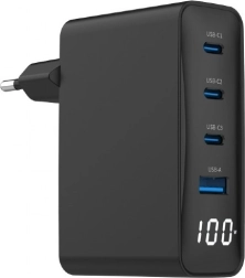 Chargeur universel GaN 100 W 1x USB-A 3x USB-C Charge rapide LCD noir