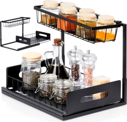 Étagère de cuisine à deux niveaux avec tiroir coulissant, métal, noir 36 × 27 × 28,5 cm