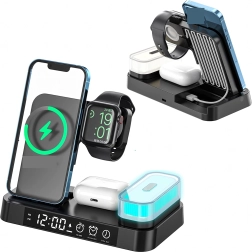 Station de charge sans fil 4‑en‑1 avec horloge et veilleuse 15 W pour Qi, iPhone, Apple Watch et AirPods