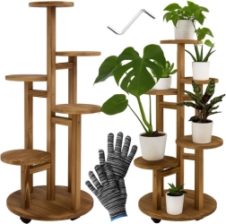 Support à plantes en bois sur pied 86 cm RUHHY, 6 niveaux pour 7 pots