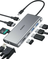 Hub USB‑C en aluminium 10‑en‑1 avec Ethernet, HDMI 4K, VGA, lecteur de cartes et PD 100 W AUKEY