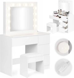 Coiffeuse avec miroir LED et 4 tiroirs avec tabouret ModernHome
