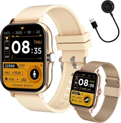 Montre connectée unisexe avec bracelet en silicone, sport, appels Bluetooth, dorée