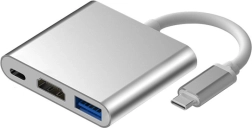 Concentrateur USB‑C 3‑en‑1 en aluminium avec HDMI 4K, USB 3.1 et alimentation USB‑C – argenté