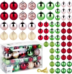 Boules de Noël incassables pour sapin 68 pcs, rouges, roses, dorées et vertes, 8 et 5 cm