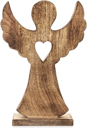 Figurine d’ange en bois de manguier avec cœur 25,5 × 36 cm