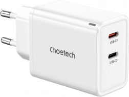 Chargeur secteur GaN Choetech 65 W, 2× USB‑C (blanc)
