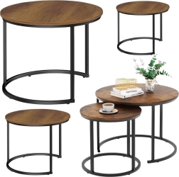 Ensemble de 3 tables basses rondes 3-en-1 en bois naturel