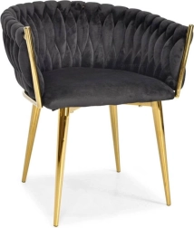 Chaise glamour en velours – noire avec pieds dorés