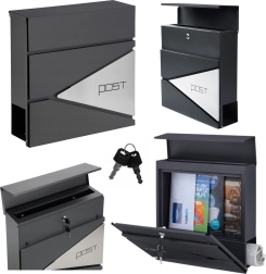 Grande boîte aux lettres anthracite pour lettres et journaux avec inscription POST, format A4