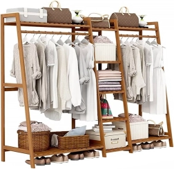 Portant à vêtements double en bambou avec 5 étagères - longueur 160 cm.