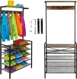 Organisateur d’entrée sur pied avec portemanteau RUHHY, métal et bois, 4 étagères pour chaussures