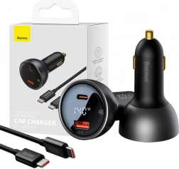 Chargeur voiture Baseus Superme avec affichage, USB‑C + USB, 140 W, noir