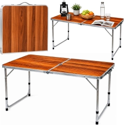 Table de camping pliante réglable en hauteur en mallette, décor bois