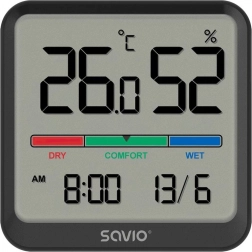 Thermomètre et hygromètre numériques SAVIO avec LCD, horloge et date, support magnétique – noir