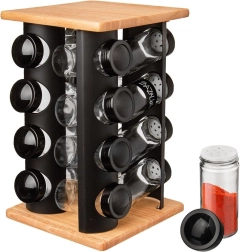 Support rotatif à épices avec 16 bocaux en verre Noir