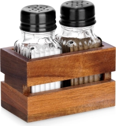 Salière et poivrière avec support, ensemble 3 pièces, verre et bois