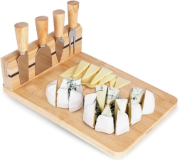 Planche de service en bambou pour fromages avec couteaux, ensemble 5 pièces