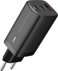 Chargeur secteur GaN 65 W, 2× USB‑C + USB‑A, noir