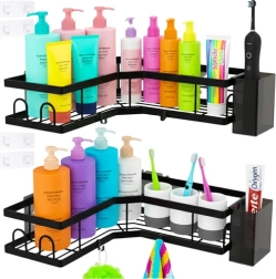 Étagères d’angle de salle de bain sans perçage RUHHY, lot de 2, noir