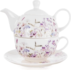 Service à thé en porcelaine pour une personne LOUKA, théière avec tasse et soucoupe, 3 pièces