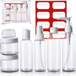 Flacons et pots de voyage pour cosmétiques en avion dans une trousse, ensemble de 8 pièces