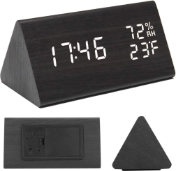 Réveil électronique en bois avec thermomètre et hygromètre