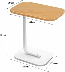 Table d’appoint moderne en forme de C sous canapé, bois clair et base métallique blanche