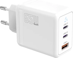 Chargeur secteur 2× USB‑C + USB‑A avec Power Delivery, blanc, GaN 65 W