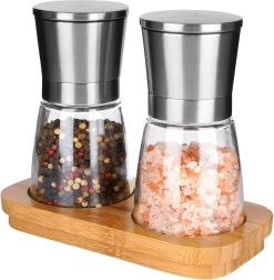 Moulins à sel et poivre avec support en bambou 14,5 cm, set 3 pièces