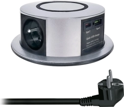 Solight bloc de prises escamotable à encastrer dans le plan de travail 3× 230 V + USB-A/USB-C PD 20 W avec recharge sans fil Qi 10 W, 2 m, argenté