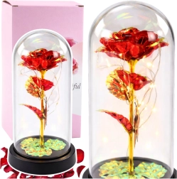 Rose rouge éternelle sous cloche en verre avec éclairage LED et papillon