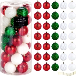 Set de boules de Noël incassables 6 cm, rouges, vertes et blanches, 35 pièces