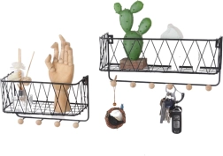 Étagère murale suspendue avec crochets – noire, 25,5 cm