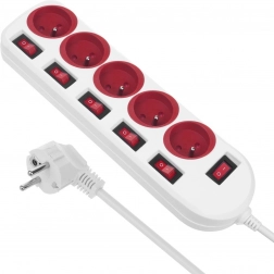 Multiprise parasurtenseur avec 5 prises et interrupteurs individuels, blanc/rouge