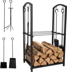 support en métal pour bois de cheminée avec outils et étagères