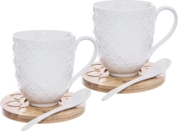 Mugs en porcelaine WHITELINE 370 ml, set de 2 avec sous-verres en bambou et cuillères