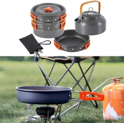 Grand kit de vaisselle de camping avec casserole, poêle et bouilloire
