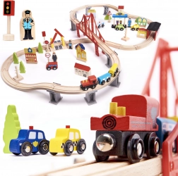 Circuit de train en bois avec accessoires 70 pièces
