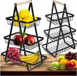 Panier à fruits métallique à trois niveaux avec poignée en bois, noir