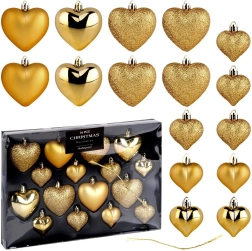 Décorations de Noël cœurs dorés, incassables, set de 16 pcs (6,5 et 4,5 cm)