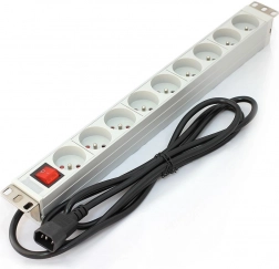 PDU multiprise pour rack 19", 9× prise Type E, câble 2 m C14, 10 A, interrupteur, aluminium